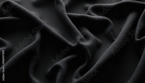 Close-up of soft black fabric with elegant folds for creative design with copy space