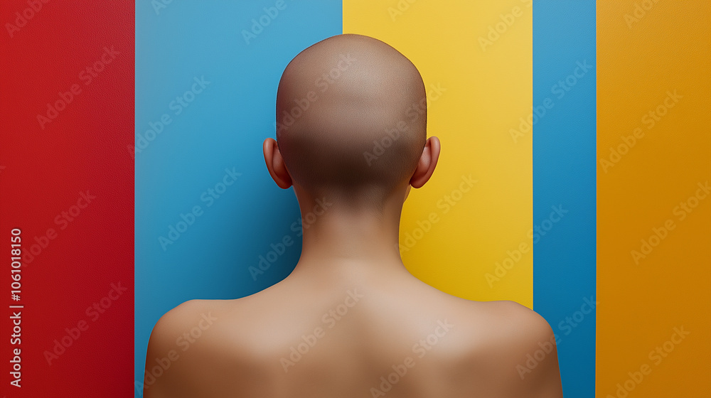 Minimalist portrait of a bald figure from behind with multicolored background, concept of art, creativity, and abstract human representation in vibrant colors Minimalist portrait of a bald figure from behind with multicolored background, concept of art, creativity, and abstract human representation in vibrant colors