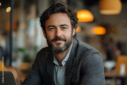 A smiling man with a beard poses confidently in a cozy café setting, dressed in a casual blazer, exuding a warm and approachable demeanor.