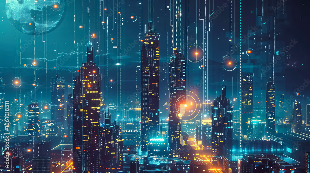 Fototapeta premium In a futuristic city powered by blockchain technology, citizens use cryptocurrency for public services, voting, and community governance.