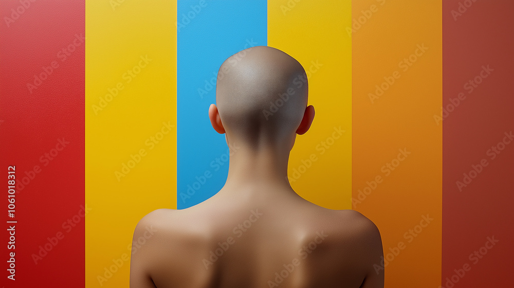 Minimalist portrait of a bald figure from behind with multicolored background, concept of art, creativity, and abstract human representation in vibrant colors Minimalist portrait of a bald figure from behind with multicolored background, concept of art, creativity, and abstract human representation in vibrant colors