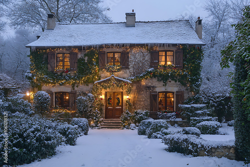 Charming vintage house covered in snow, adorned with festive lights and greenery, creating cozy winter atmosphere. perfect winter wonderland scene photo