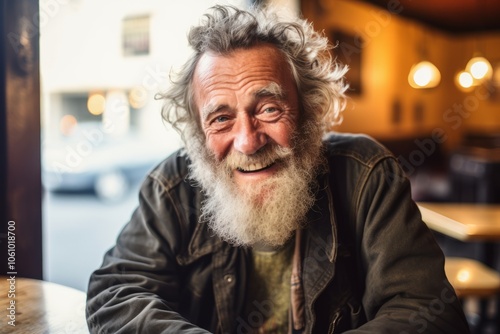 Portrait of a senior man sitting in a pub and smiling.