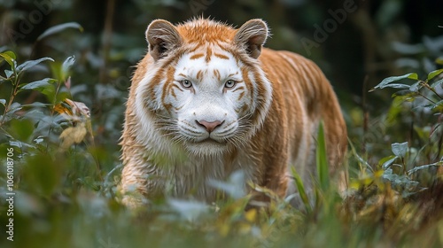 Golden tabby white tiger with blue eyes looking at the camera in a forest setting. photo