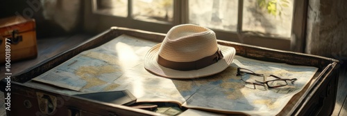 A travel hat sits atop an open suitcase surrounded by maps and travel guides, with sunlight streaming through the window. Generative AI photo