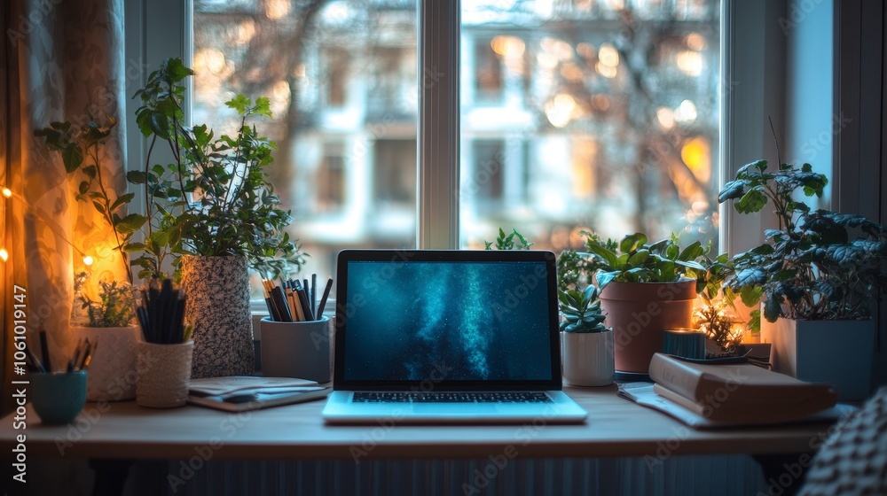 Fototapeta premium Compact Stylish Home Office Setup by Window