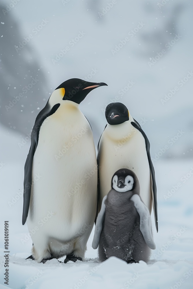 Fototapeta premium A view of a cute Emperor Penguin family with a small offspring on snowy Antarctic landscape