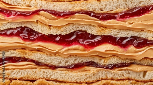A peanut butter and jelly sandwich is stacked on each other
