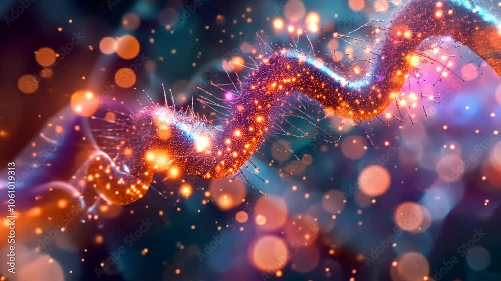 A dynamic visual showcases swirling strands at a microscopic level, adorned with glowing particles that create a mesmerizing abstract effect in the background