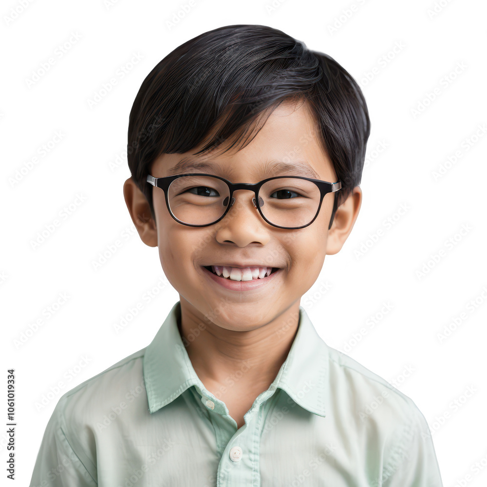 Close-up portrait of a smiling boy with glasses and a happy expression, isolated on transparent background Close-up portrait of a smiling boy with glasses and a happy expression, isolated on transparent background