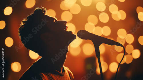 Silhouette of male singer performing passionately on stage with microphone and golden bokeh lights, concept of live music, performance, and artist spotlight