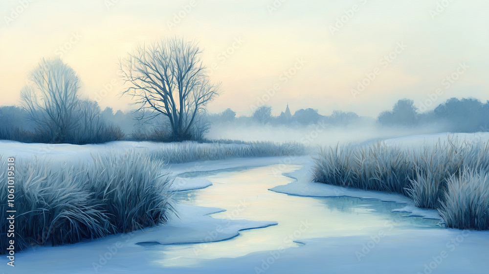 A snow-covered field with a river in the center, surrounded by trees and a foggy sky A snow-covered field with a river in the center, surrounded by trees and a foggy sky