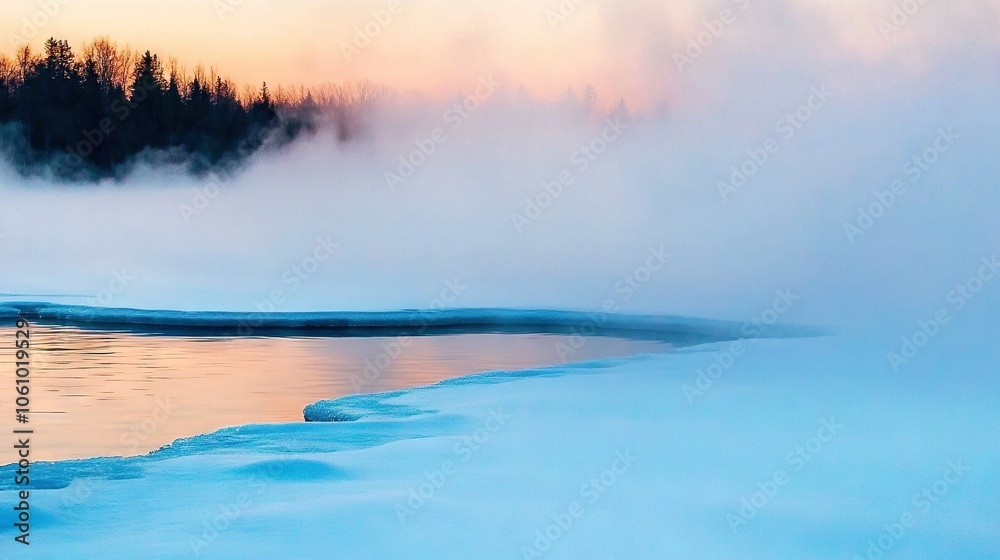 Naklejka premium A body of water with trees in the background and fog in the air, with water in both the foreground and background