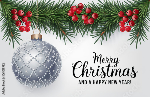 Merry Christmas greeting card with a branches, decoration and berries on white background