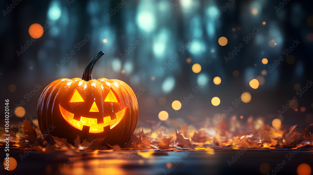 Happy halloween with pumpkin on bokeh background with copy space