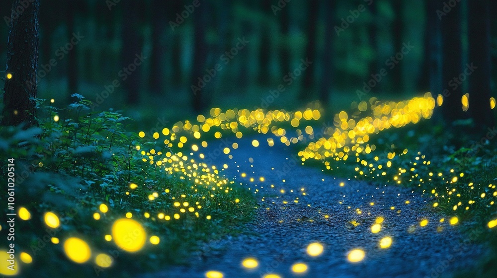 A forest path glows with yellow fireflies during nighttime travel A forest path glows with yellow fireflies during nighttime travel
