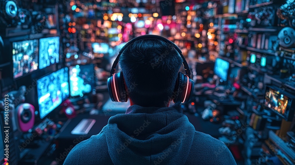 Obraz premium Intense Gamer Focused in a Neon Room