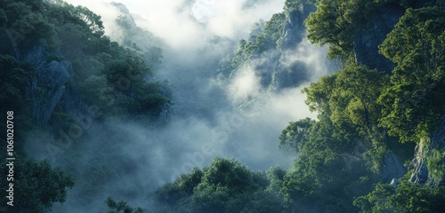 Fog rolling through a dense forest, with towering trees partially obscured and a mystical atmosphere enveloping the scene.