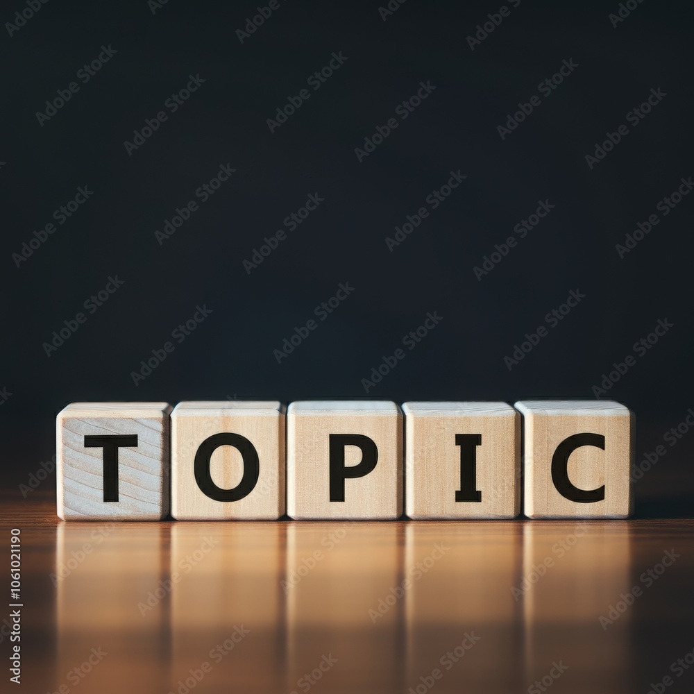 Obraz premium Word TOPIC spelled out using wooden blocks, concept of communication, discussion, knowledge sharing, and content creation on reflective wooden floor background