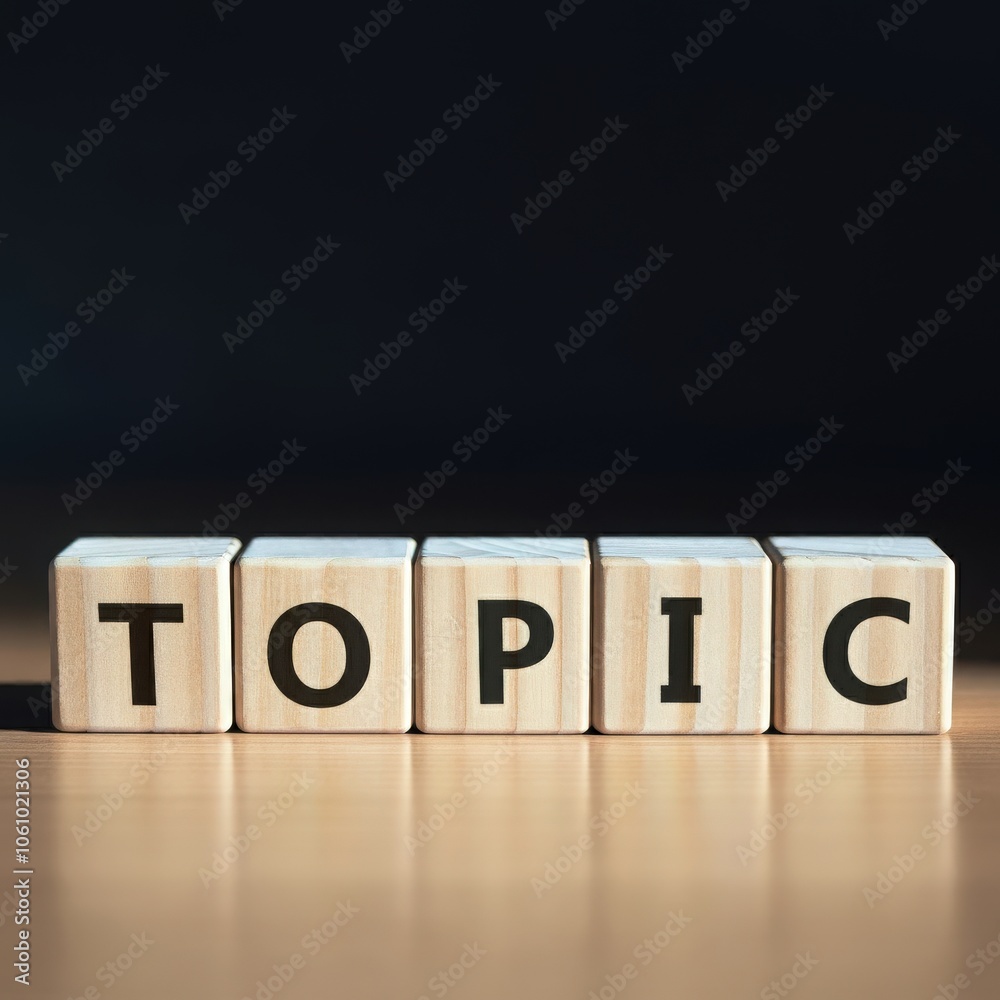Word TOPIC spelled out using wooden blocks, concept of communication, discussion, knowledge sharing, and content creation on reflective wooden floor background Word TOPIC spelled out using wooden blocks, concept of communication, discussion, knowledge sharing, and content creation on reflective wooden floor background
