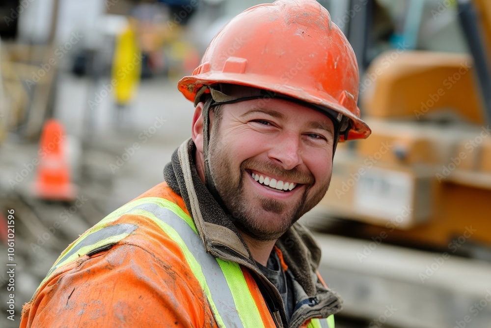 Construction worker smiling at construction site wearing hard hat and safety vest Construction worker smiling at construction site wearing hard hat and safety vest