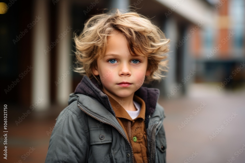 Portrait of a cute little boy with blond curly hair on the street. Portrait of a cute little boy with blond curly hair on the street.