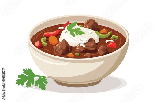 Bowl of stew with vegetables and sour cream isolated illustration