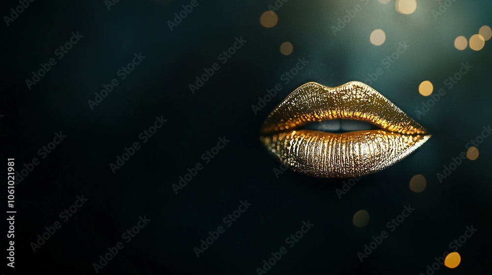 Naklejka premium A close-up of a golden lip on a black backdrop, featuring gold sparkles on the lips and a woman's mouth