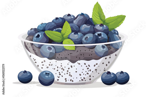 Chia pudding with blueberries isolated illustration