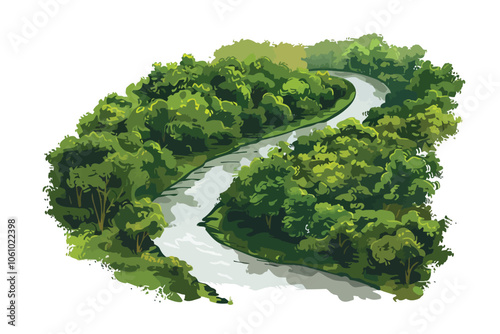 Drone shot of winding river through forest isolated illustration