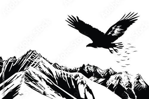 Eagle soaring over mountain peaks isolated illustration