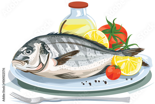 Fresh raw fish and on table with oil tomato and lemon isolated illustration