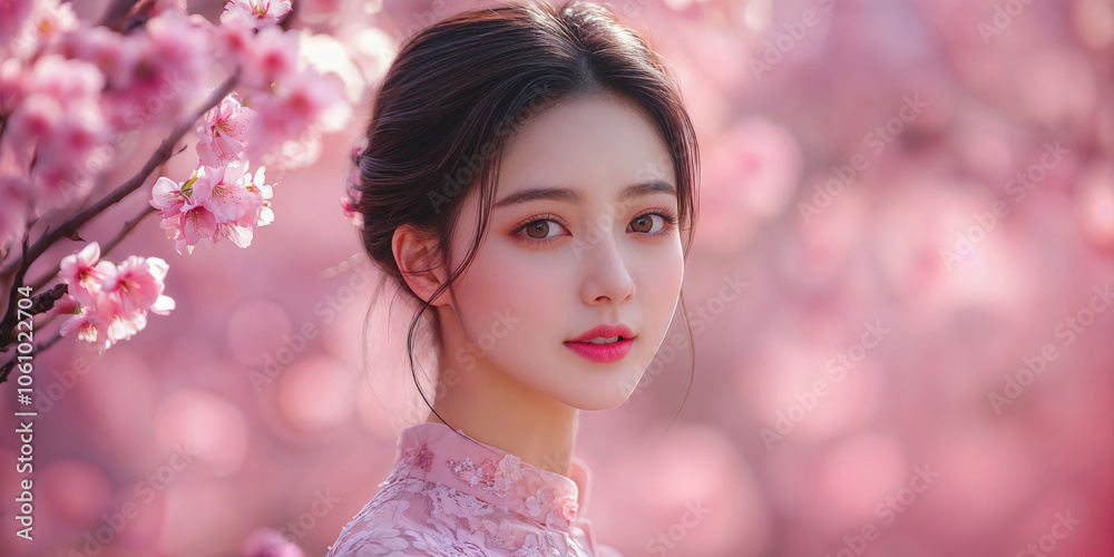 Portrait of a beautiful Japanese woman surrounded by blossoming sakura. Ideal for cultural promotions, spring-themed campaigns, beauty editorials, and floral design inspirations. Portrait of a beautiful Japanese woman surrounded by blossoming sakura. Ideal for cultural promotions, spring-themed campaigns, beauty editorials, and floral design inspirations.