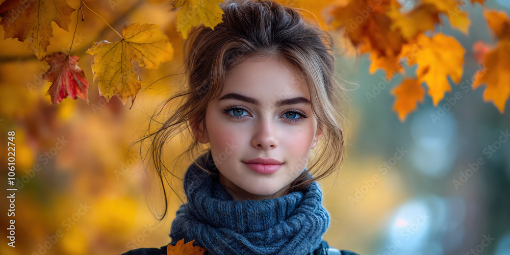 Close-up portrait of a beautiful young woman surrounded by vibrant autumn leaves. Perfect for seasonal promotions, fashion campaigns, lifestyle blogs, and social media content. Close-up portrait of a beautiful young woman surrounded by vibrant autumn leaves. Perfect for seasonal promotions, fashion campaigns, lifestyle blogs, and social media content.