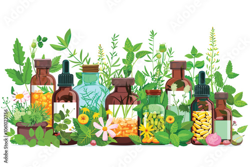 Healing herbs used in traditional medicine isolated illustration