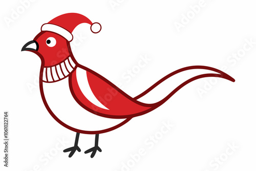 Concept Cute animals bird pheasant. A flat cartoon illustration depicts a cute pheasant bird wearing a Santa clause hat and scarf in a vibrant and lively scene. Vector illustration.