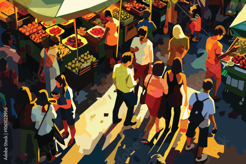 Night market bustling with activity isolated illustration