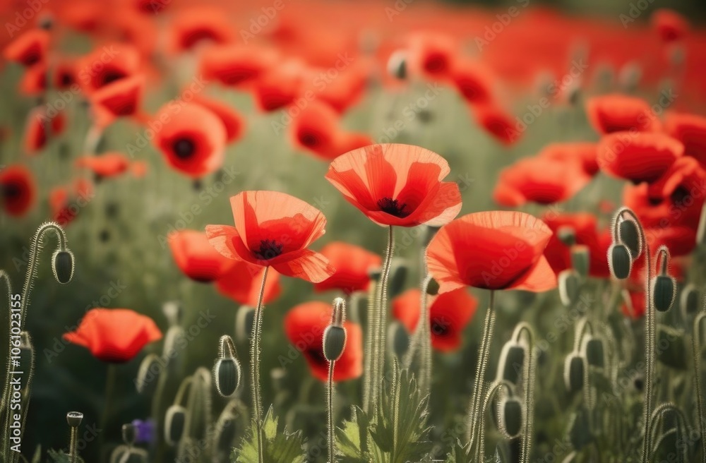Fototapeta premium Painting of field of red poppies are in full bloom. Painting evokes sense of peace, tranquility, freshness. For greeting card, interior decor, print, textile design, social media content, event decor.