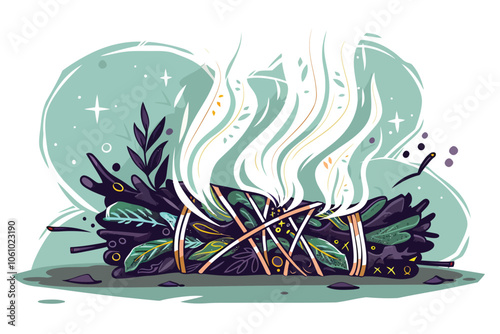 Sacred smoke rituals with sage isolated illustration