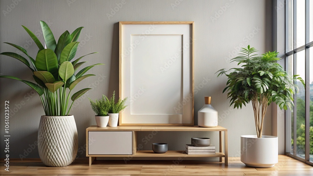 Mockup frame in farmhouse living room interior, 3d render