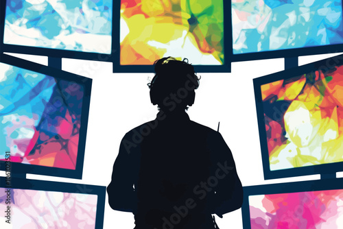 Silhouette of Hacker in Front of Multiple Screens isolated illustration