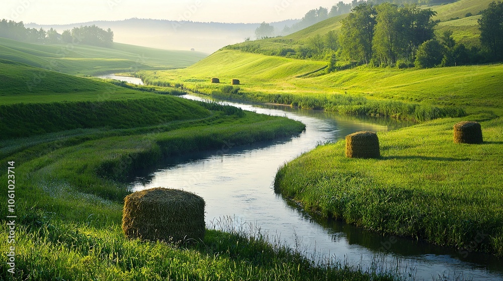   A lush green field with hay bales in the foreground, flowing gently into another lush green field