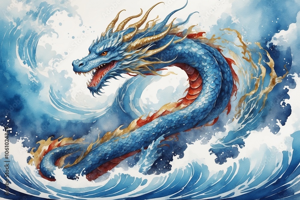 Majestic blue dragon swirling through ocean waves with fierce expression and dynamic movement Majestic blue dragon swirling through ocean waves with fierce expression and dynamic movement