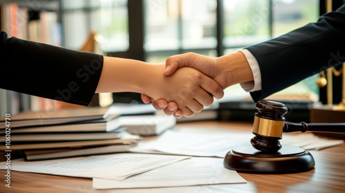 Two professionals are engaged in a handshake inside a law office, surrounded by legal documents, a gavel, and a modern workspace ambiance