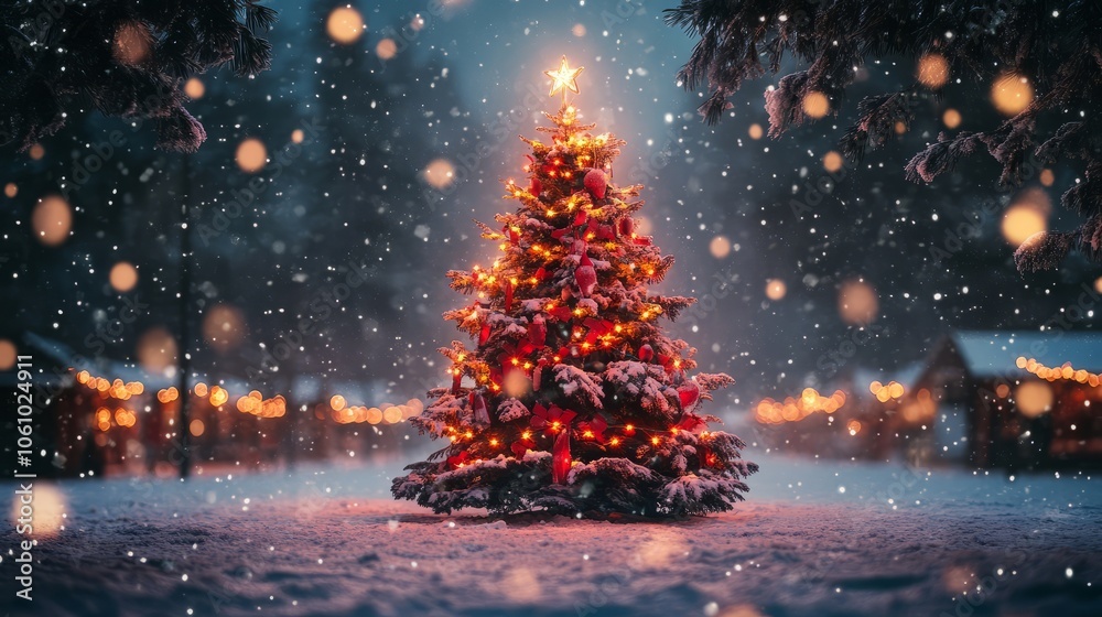 A Christmas tree is lit up in the snow A Christmas tree is lit up in the snow