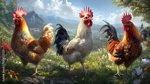 Artistic Representation of Yokohama Chickens in a Lush Green Farm Setting