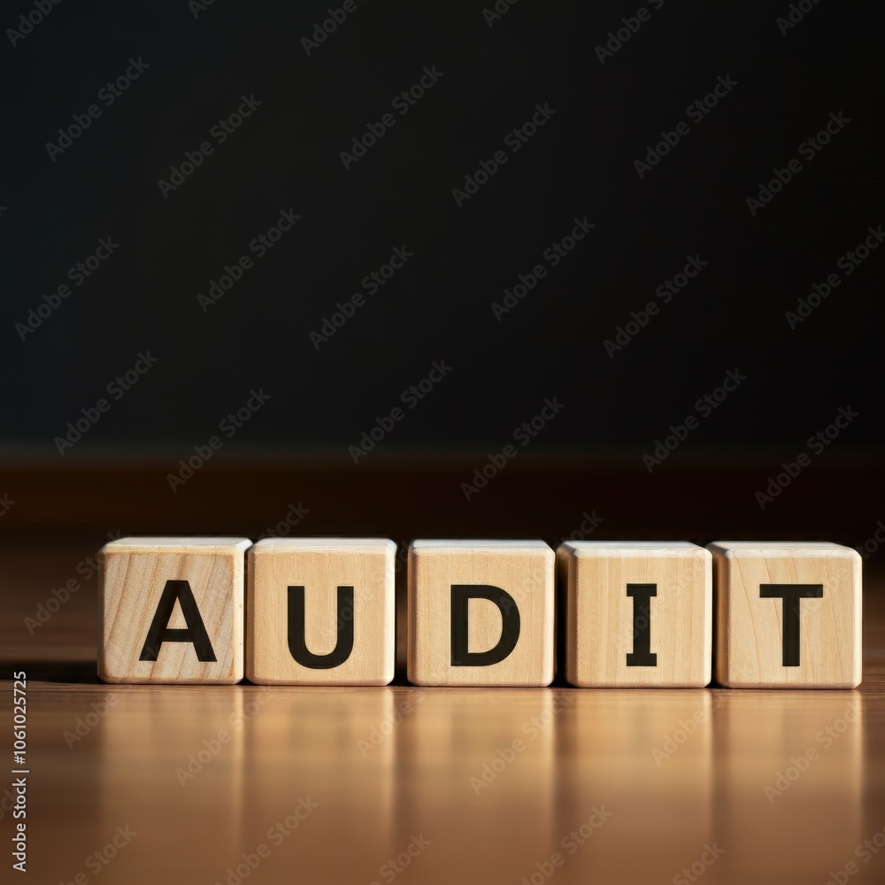 Obraz premium Wooden blocks spelling AUDIT, concept of financial review, analysis, and assessment for business planning and management