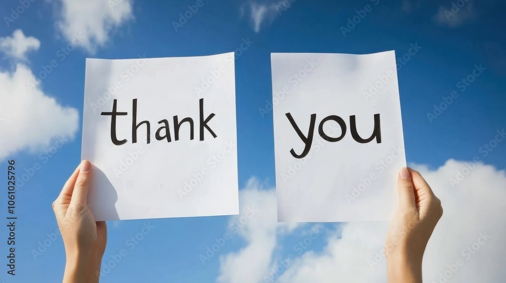 Two hands hold up signs saying thank you against a bright blue sky with fluffy clouds, expressing gratitude and appreciation Two hands hold up signs saying thank you against a bright blue sky with fluffy clouds, expressing gratitude and appreciation