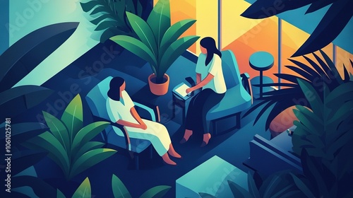   A pair of individuals lounging next to one another on a sofa inside a green space filled with indoor foliage