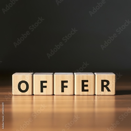 Wooden blocks spelling OFFER, concept of business deals, promotions, and exclusive discounts for customer engagemen photo